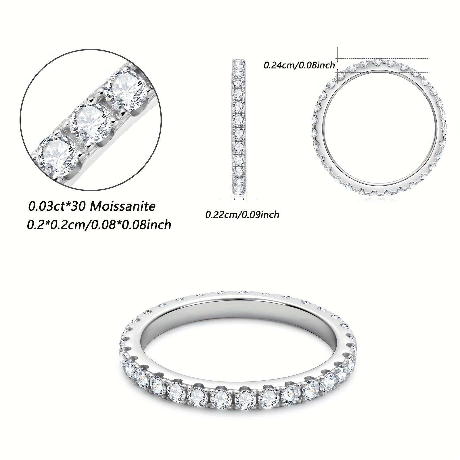 925 Silver Moissanite Stackable Band Ring 2mm 0.03ct Size 4-10